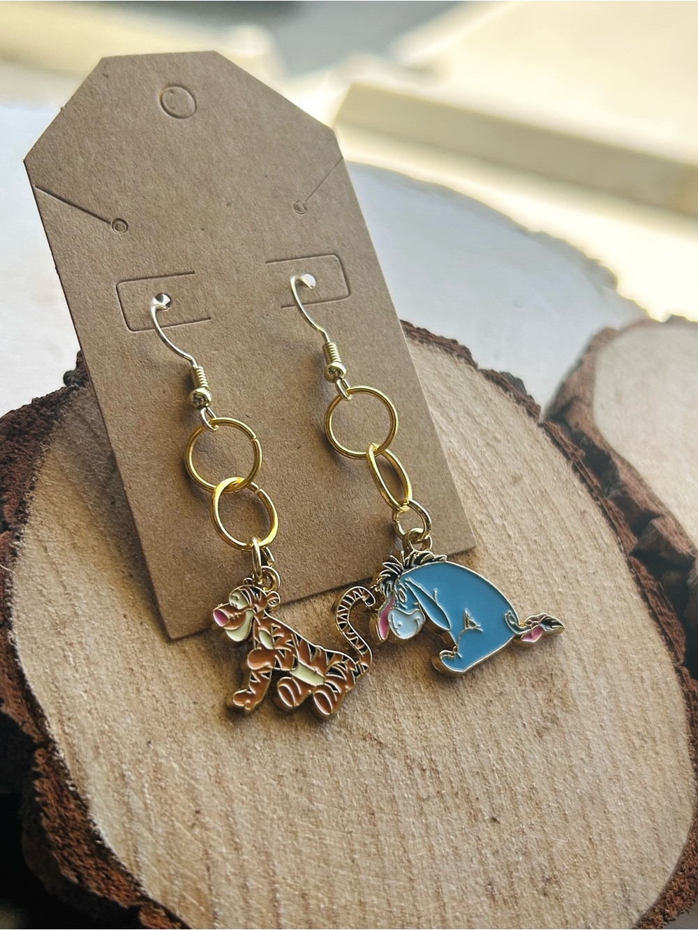 Disney Winnie the Pooh Tigger & Eeyore Handmade Dangle Earrings Gold Tone - Picture 3 of 6